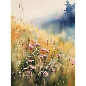 Wildflowers Watercolor Vermont Art Print Mountain Flowers Landscape Wall Art Daisy Field Painting Nature Neutral Art