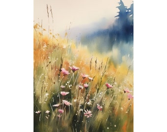 Wildflowers Watercolor Vermont Art Print Mountain Flowers Landscape Wall Art Daisy Field Painting Nature Neutral Art