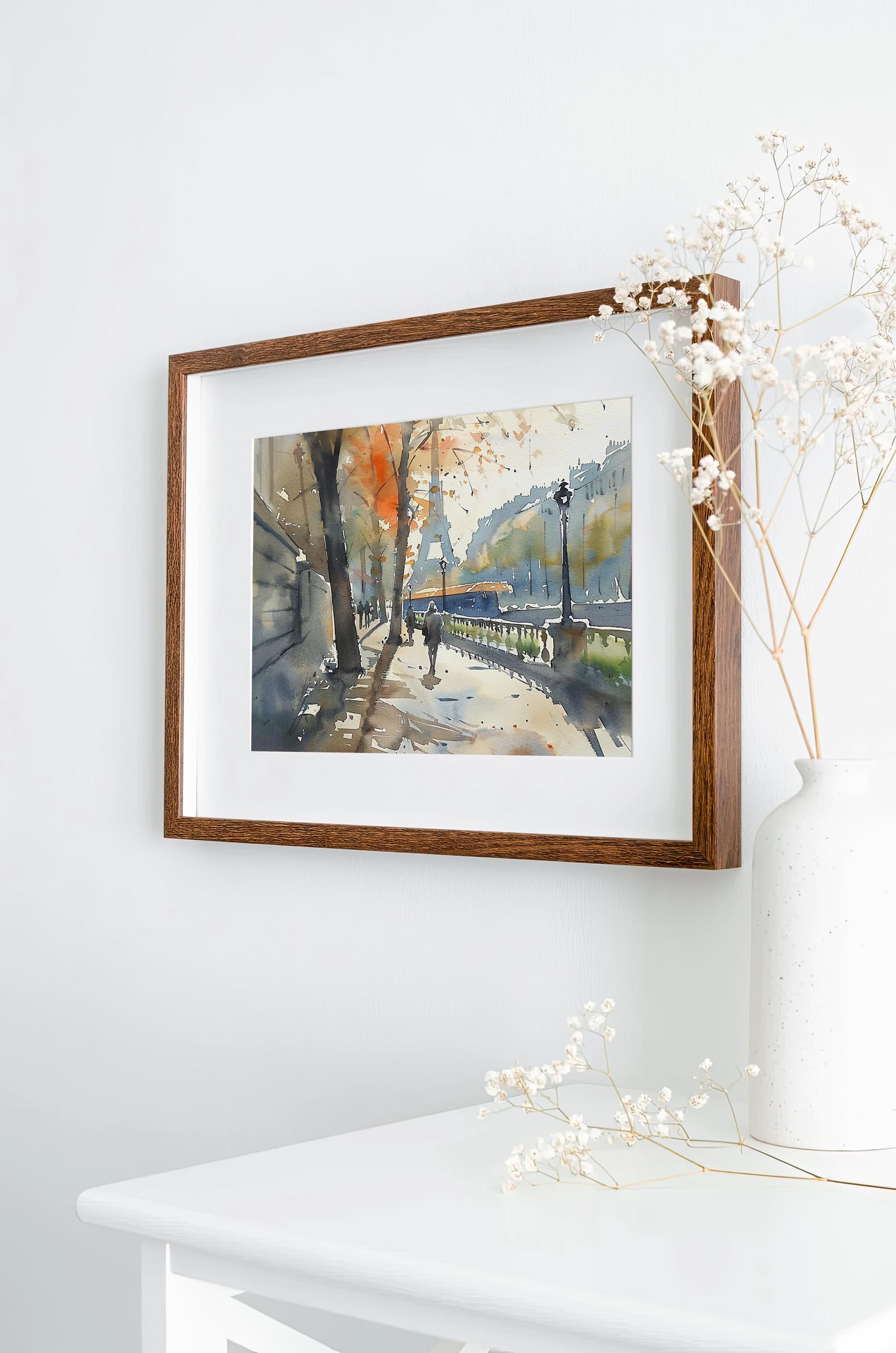 パリの絵画 エッフェル塔 水彩画 アートプリント セーヌ川沿いの散歩道