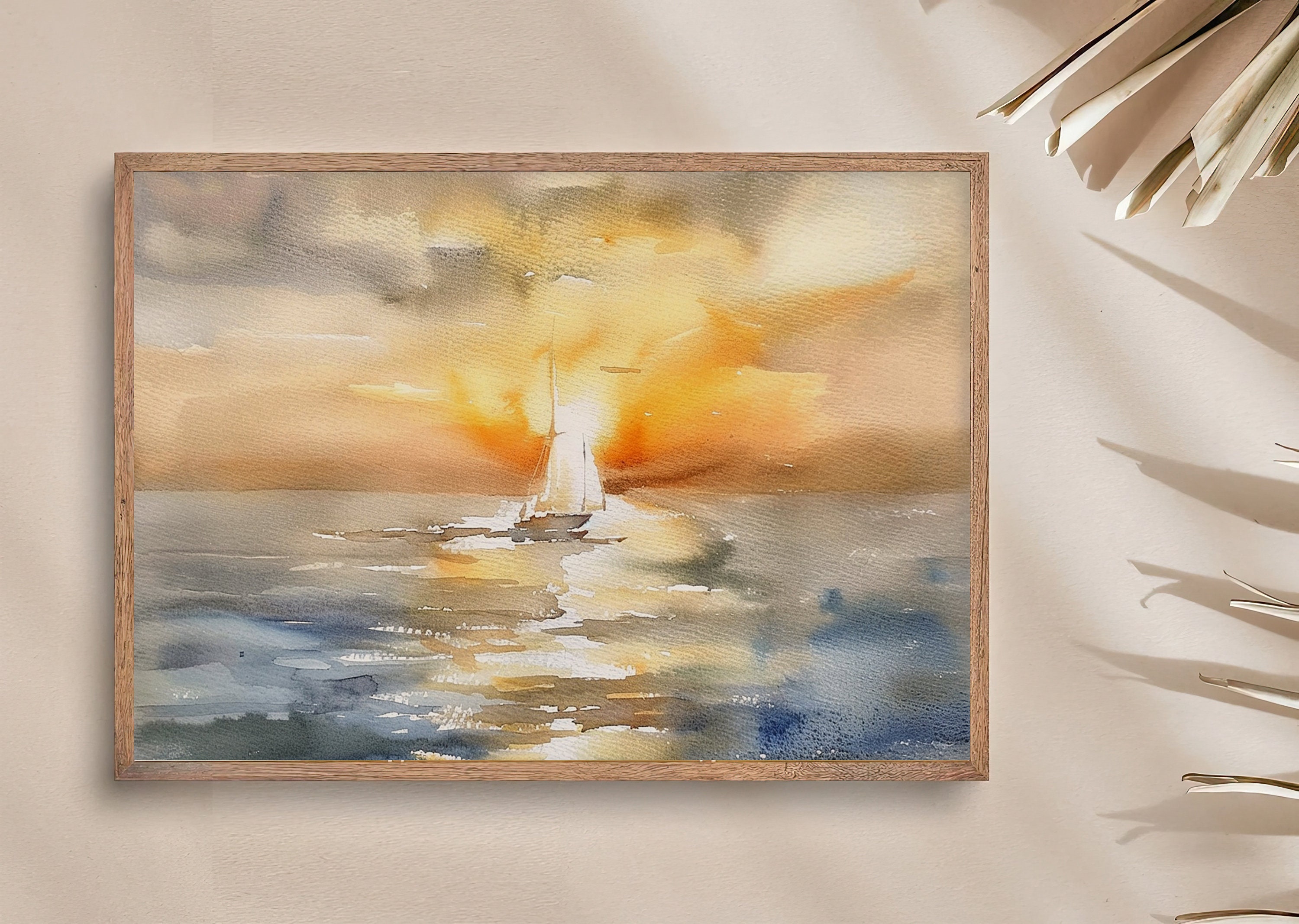 帆船アートプリント 水彩画 夕焼け ウォールアート サンディエゴ