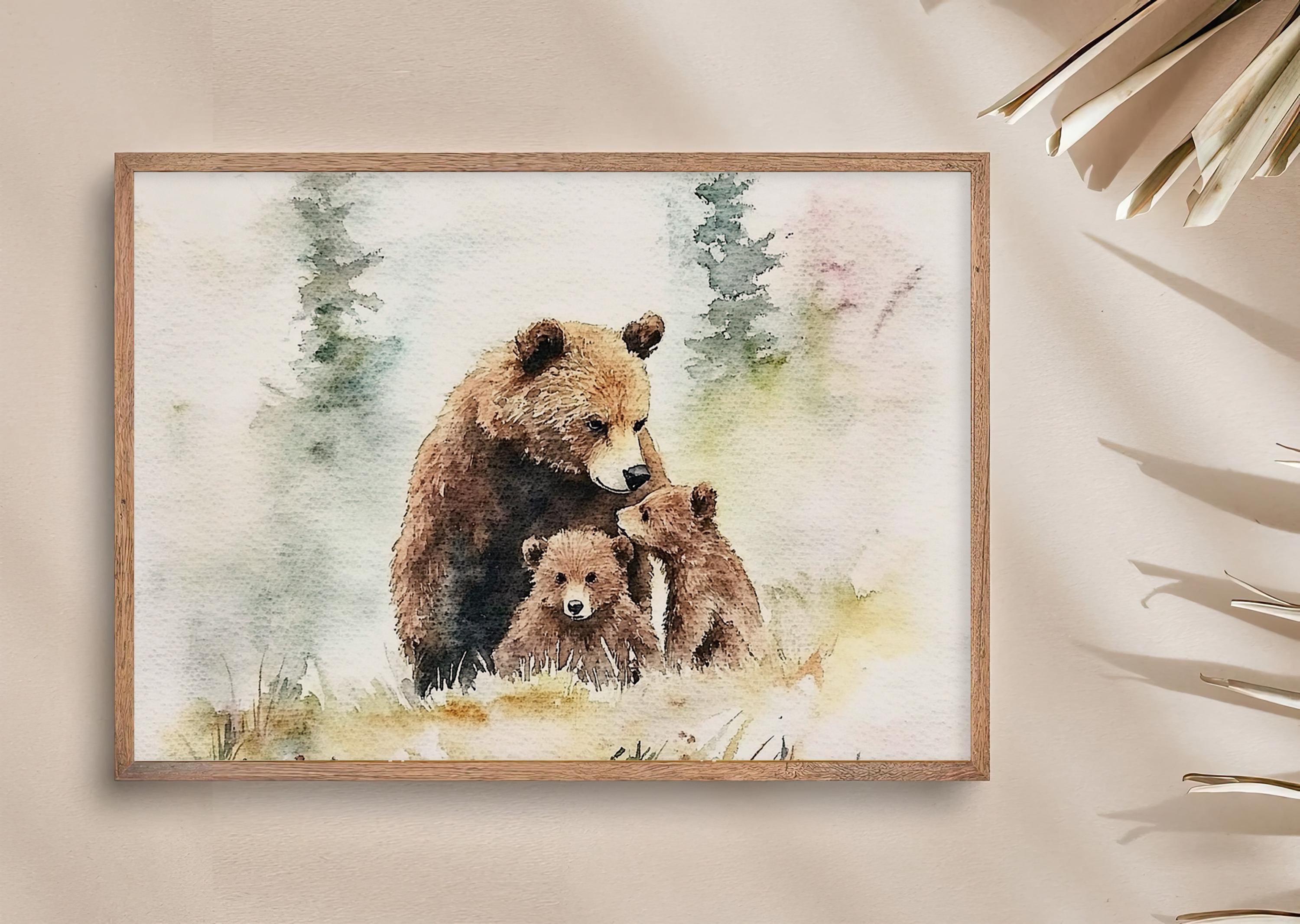 ヒグマの絵画 ママと赤ちゃん 水彩画 アートプリント 動物の壁アート