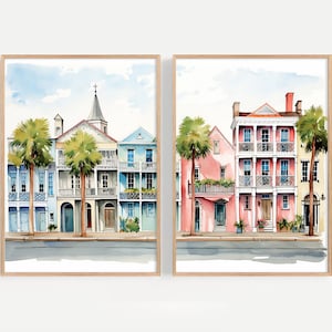 Charleston Prints Set of 2 Rainbow Row Watercolor Wall Art  South Carolina Cityscape Blue Pink Houses Poster Colorful SC Landscape