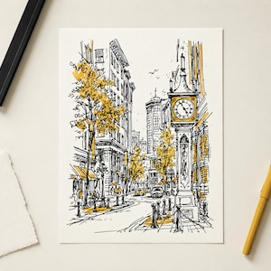May include: A black and white ink sketch with yellow accents depicting a city street scene. The drawing features tall buildings, a prominent street clock on a pedestal, and trees with yellow foliage lining the sidewalk. The perspective shows a road.