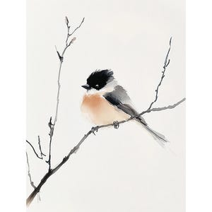 Chickadee schilderij vogel aquarel kunst print minimalistische muur kunst vogel op tak kunst lente poster