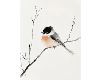 Chickadee Painting Bird Watercolor Art Print Minimalist Wall Art Bird On Branch Art Spring Poster