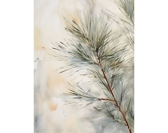 Pine Branch Painting Pine Needle Watercolor Art Print Evergreen Tree Wall Art Snowy Forest Wall Decor