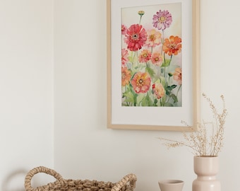 ジニアの絵画 花の水彩画 アートプリント 植物の壁アート ジニアの花の