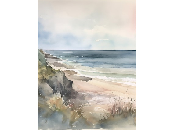 Coastal Watercolor Painting Cape May Print Seaside Wall Art Neutral Beach House Wall Decor