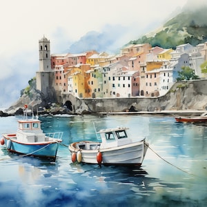 Vernazza Painting Cinque Terre Print Italian Cityscape Vernazza Harbor Landscape Amalfi Coast Wall Art Seascape Watercolor Art