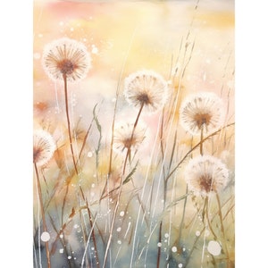 May include: Watercolor painting of a field of white dandelions with a soft, yellow background. The dandelions are in various stages of bloom, with some fully open and others still closed.
