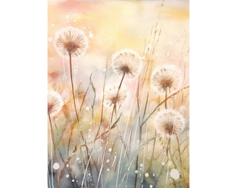 Dandelion Art Print Floral Watercolor Painting Flower Meadow Wall Art Pink Yellow Pastel Color Artwork