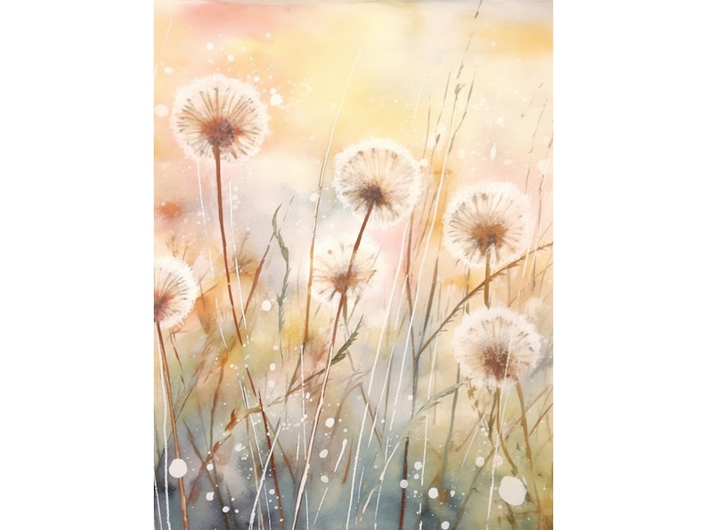 May include: Watercolor painting of a field of white dandelions with a soft, yellow background. The dandelions are in various stages of bloom, with some fully open and others still closed.