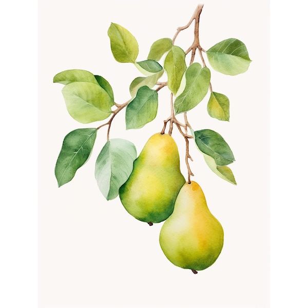 Pear Watercolor Art Print Fruit Painting Pear Branch Botanical Wall Art Two Pears Neutral Kitchen Wall Decor