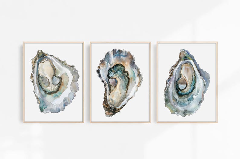 May include: Three watercolor paintings of oyster shells. Each painting features a different oyster shell with a blue, green, and brown color scheme.