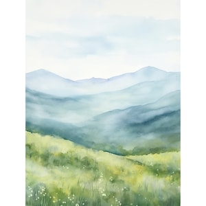 Blue Ridge Mountains Watercolor Green Field Art Print Wildflowers Landscape Painting Cabin Wall Decor