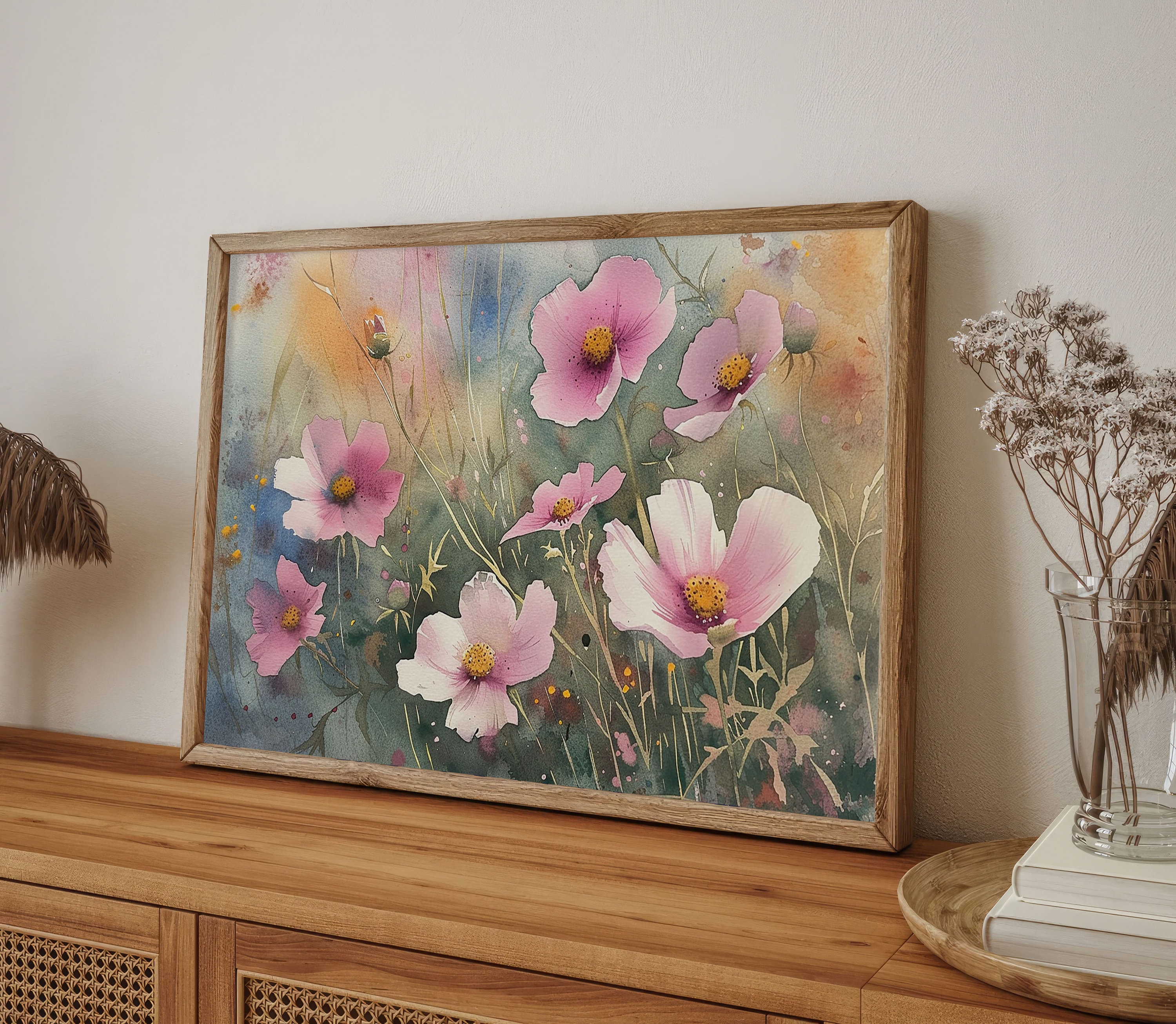 ピンクのコスモスの花の絵画 野生の花畑 水彩画 春の風景 壁アート 花