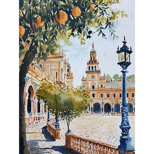 Cuadro de Sevilla, Plaza de España, acuarela, arte mural de España, impresión de paisaje urbano, arte de naranjos, póster de viaje