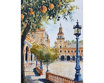 Peinture de Séville, impression d'art aquarelle de la place d'Espagne, impression d'art mural d'Espagne, impression de paysage urbain, affiche de voyage d'art d'oranger