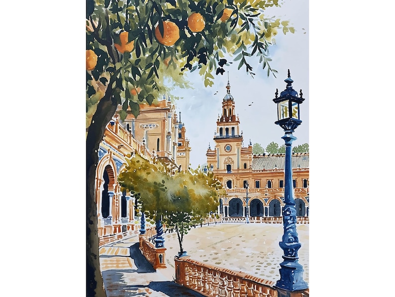 May include: Watercolour painting of a Spanish plaza with a tall building and an orange tree in the foreground. The building has a clock tower and a tiled roof. The orange tree has green leaves and ripe orange fruit.