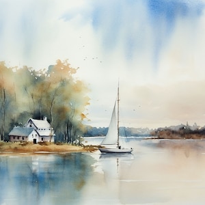 Michigan Lake Painting Sailing Wall Art Sailboat Art Print Lake House Landscape Watercolor Nautical Artwork