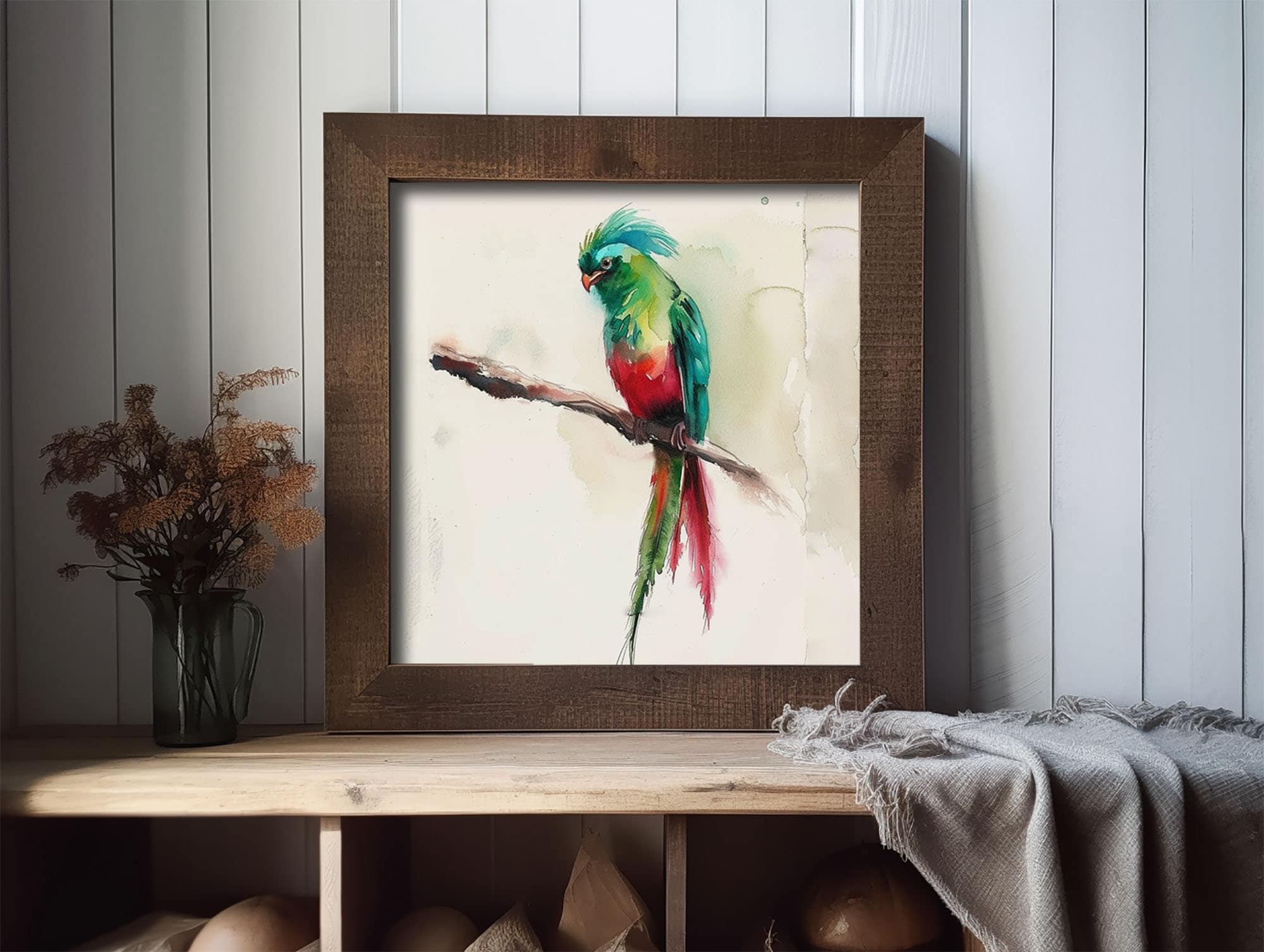 ケツァールの鳥の絵画 鳥の水彩画 アートプリント 赤 緑の鳥 壁アート