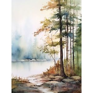 May include: A watercolor painting of a misty forest scene with a lake in the foreground. The trees are tall and slender, with a few leaves of fall color. The lake is calm and reflective, with a soft blue hue.