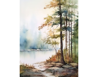 McKenzie River Painting Oregon Landscape Print Rivershore Wall Art Misty Pines Watercolor Evergreen Artwork