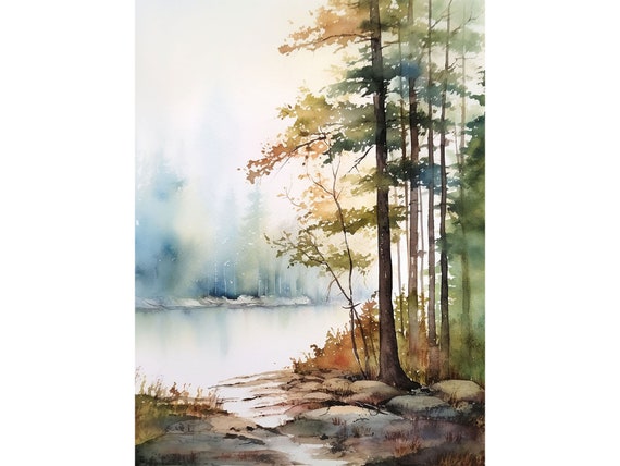 McKenzie River Painting Oregon Landscape Print Rivershore Wall Art Misty Pines Watercolor Evergreen Artwork