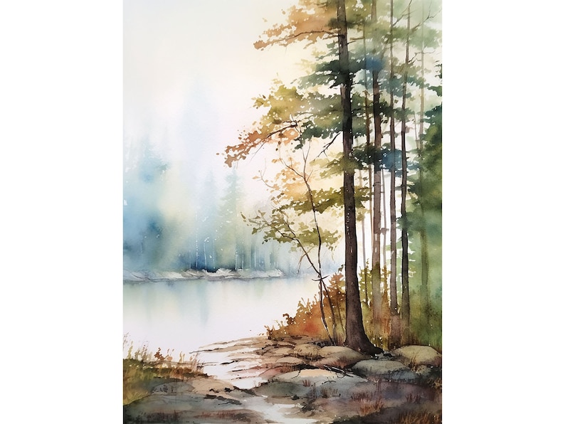 May include: A watercolor painting of a misty forest scene with a lake in the foreground. The trees are tall and slender, with a few leaves of fall color. The lake is calm and reflective, with a soft blue hue.