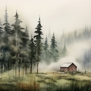 Cabin Painting Pine Forest Watercolor Art Print Idaho Landscape Large Log Cabin Wall Art image 1