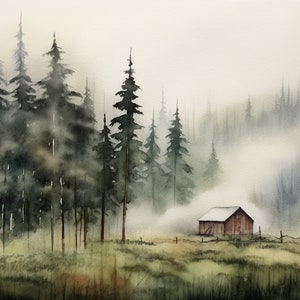 Hütte Malerei Kiefernwald Aquarell Kunstdruck Idaho Landschaft Große Blockhaus Wandkunst