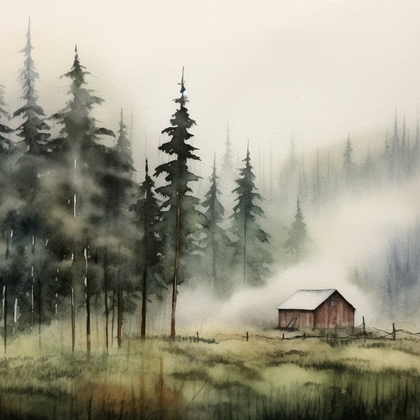 Cabine peinture forêt de pins aquarelle Art Print Idaho paysage grande cabane en rondins Wall Art