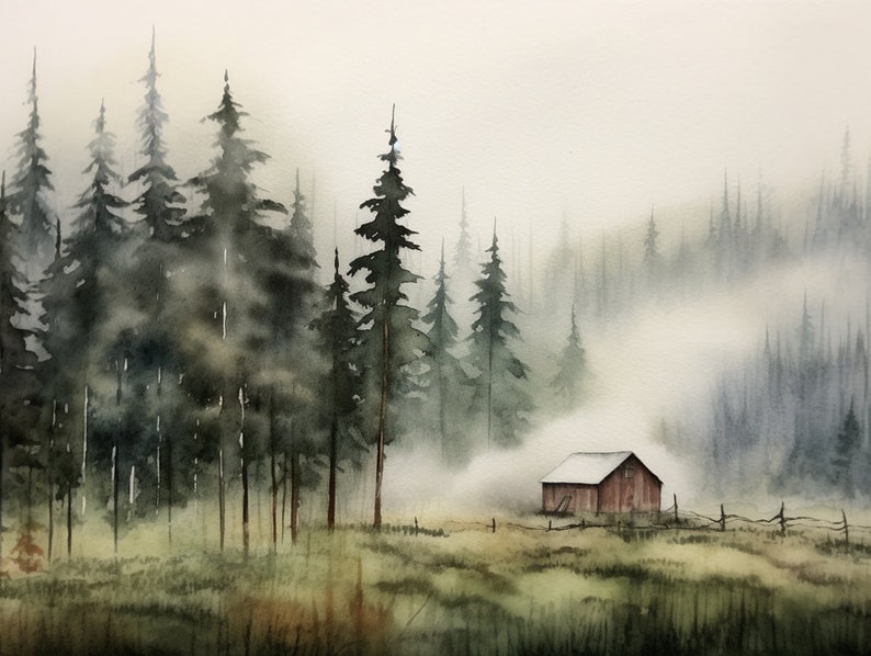 Cabin Painting Pine Forest Watercolor Art Print Idaho Landscape Large Log Cabin Wall Art image 1