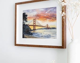 ゴールデンゲートブリッジの絵画、サンフランシスコ湾の水彩画アート