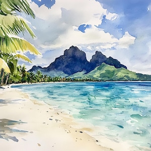 Pintura de Bora Bora, impresión artística de acuarela de la laguna, impresión artística de paisaje tropical, decoración de pared de Polinesia Francesa, impresión de playa, póster de viaje