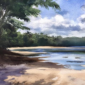 Pintura de playa de Minas, Costa Rica, impresión artística de acuarela, arte de pared costero, impresión de palmeras, póster del océano