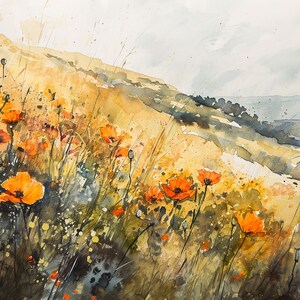 May include: Watercolor painting of a hillside with a field of orange poppies in the foreground. The hillside is covered in green grass and brown dirt. The sky is a light blue with white clouds.