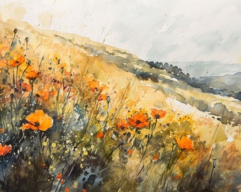 California Poppy Painting California Landscape Watercolor Art Print Wildflower Wall Art Golden State Flower Field Gift