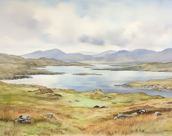 May include: Watercolor landscape painting of a serene lake surrounded by rolling hills and mountains under a cloudy sky. The foreground features grassy terrain with scattered rocks, while the water reflects the soft light.