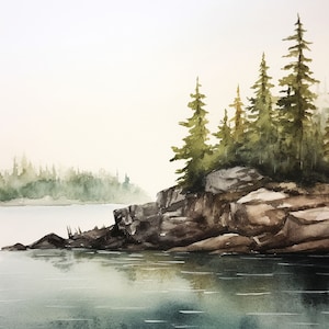 Isle Royale Painting National Park Art Print Michigan Watercolor Landscape Print Forest Lake Wall Art Misty Pines Poster