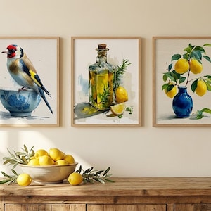 May include: Three framed watercolour prints. One shows a colourful bird on a blue bowl. Another depicts a glass bottle with oil and herbs. The third shows lemons in a blue vase. A bowl of lemons sits on a wooden table.