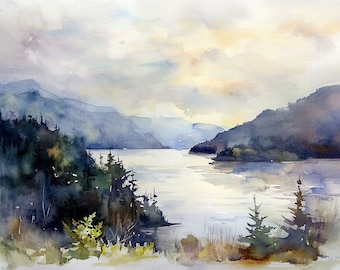 May include: A watercolor painting of a river scene with mountains in the background. The river is a light blue color and the mountains are a dark blue color. The sky is a light blue color with white clouds. There are trees on both sides of the river.