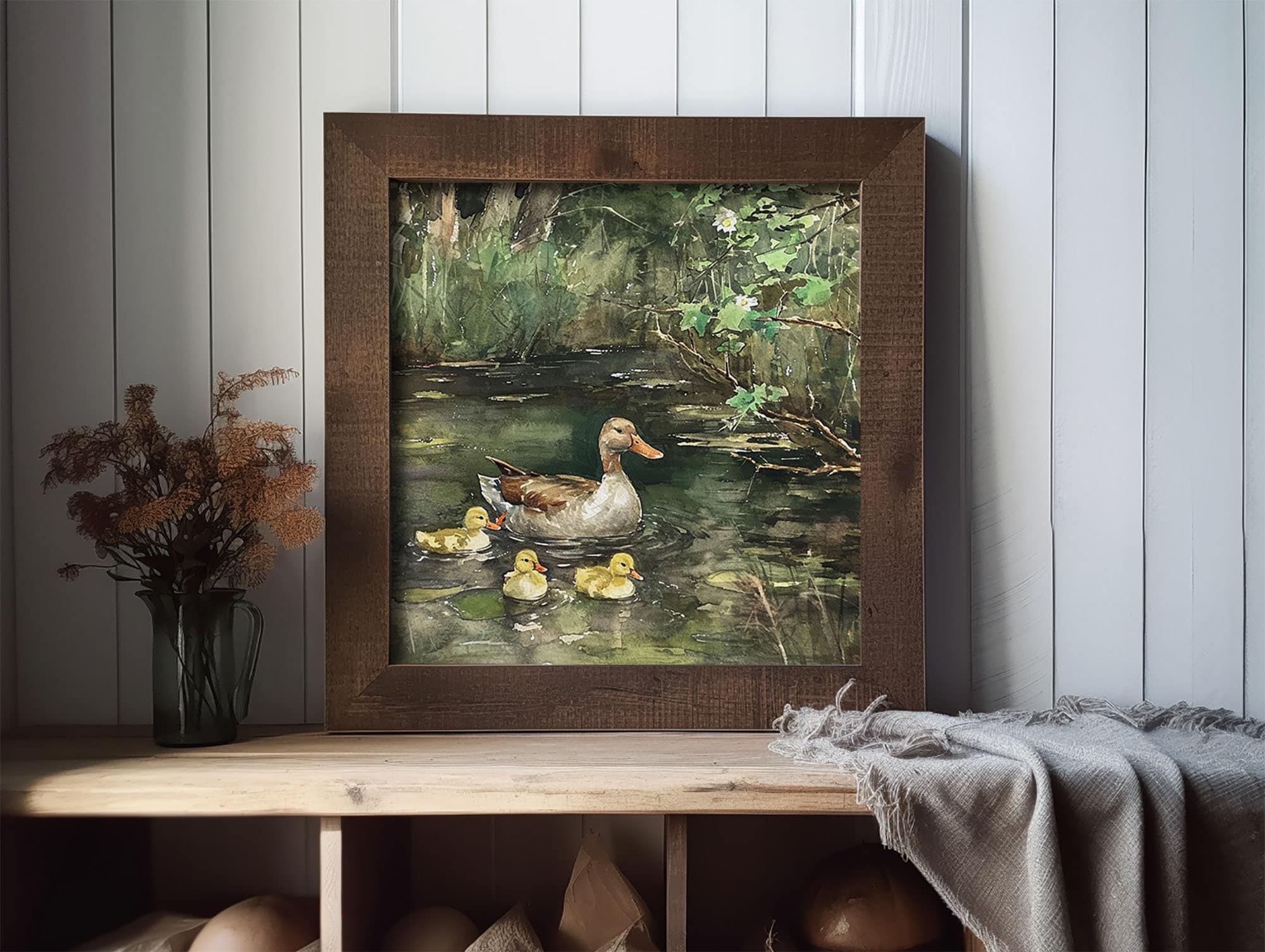 アヒルの絵 池 水彩画 アートプリント 森 湖 壁アート 風景画 緑の森