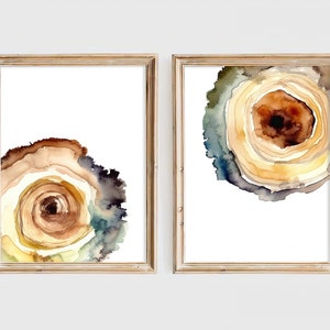 Tree Ring Art Set of 2 Pine Tree Ring Watercolor Art Print Abstract Cut Log Print Mountain Cabin Wall Art