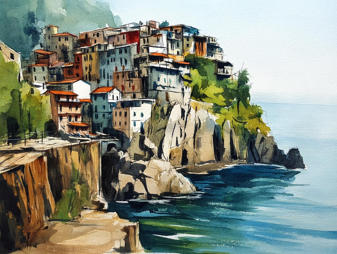 Cinque Terre Italy Watercolor Print Manarola Coastal Wall Art Italian ...