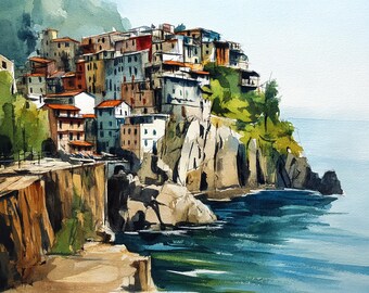 チンクエテッレ イタリア 水彩画 マナローラ 海岸沿いの壁画 イタリア