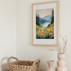 Columbia Gorge pittura ad acquerello montagna fiume stampa artistica fiori di campo stampa paesaggio foresta di pini nebbiosi stampa d'arte immagine 5