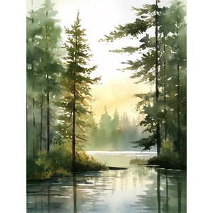 Forest Lake Watercolor Art Acadia Painting Eagle Lake Art Print Abstract Landscape Pine Forest Wall Art Log House Decor