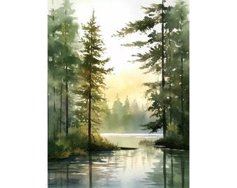 Aquarelle de Forest Lake, peinture de l'Acadie Eagle Lake, impression d'art, paysage abstrait, forêt de pins, art mural, décoration de maison en rondins