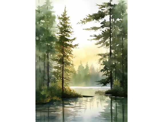 Forest Lake Watercolor Art Acadia Painting Eagle Lake Art Print Abstract Landscape Pine Forest Wall Art Log House Decor